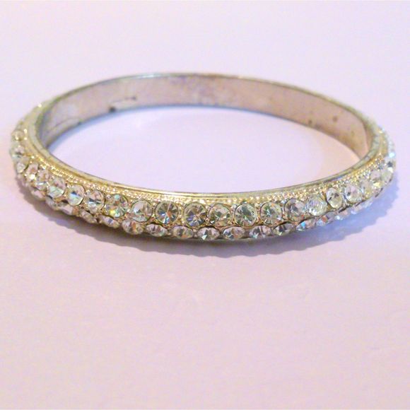 Silver Tone Clear Rhinestone Encrusted Bangle Bracelet - Picture 1 of 3